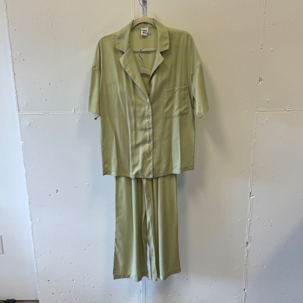 Princess Polly Sage Green 2 Piece Set Button Down Shirt Wide Leg Pants US 2